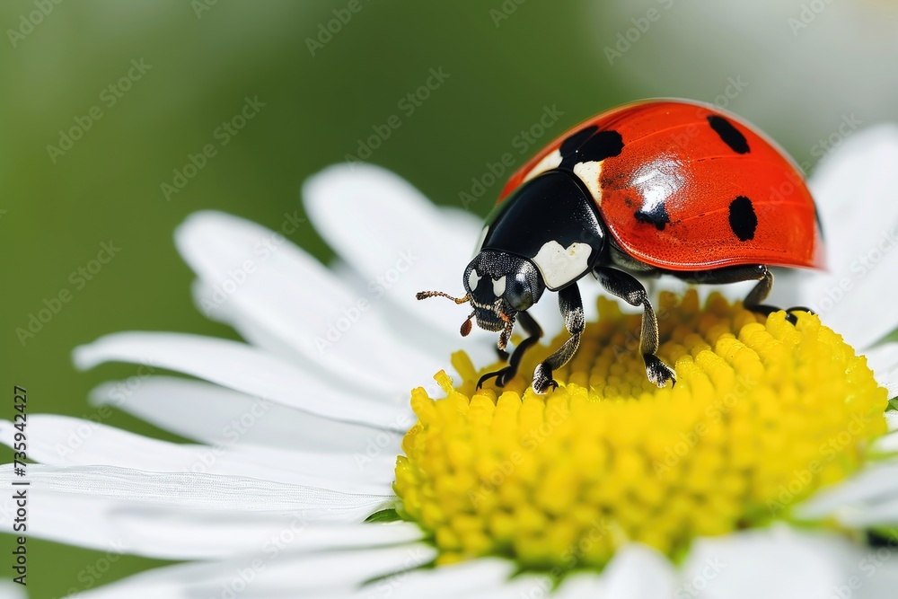 Ladybug, red with black dots sits on a daisy. A beautiful bright insect crawls on a flower on a sunny day. Ladybug, red with black dots sits on a daisy. A beautiful bright insect crawls on a flower on a sunny day.