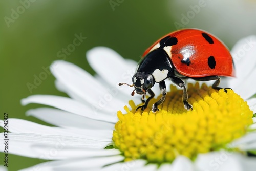 Ladybug, red with black dots sits on a daisy. A beautiful bright insect crawls on a flower on a sunny day.