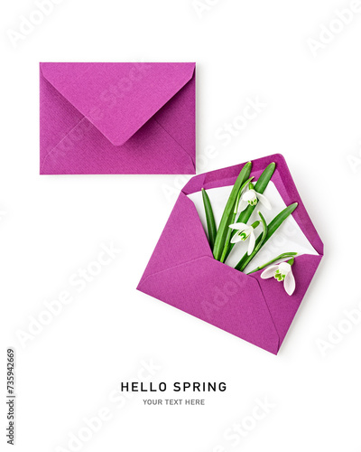 Purple envelope with snowdrop flowers isolated on white background