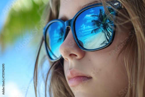 Young woman in mirrored sunglasses reflecting transparent ocean, blue sky, palm trees of tropical island. Concept of summer vacation, tourism, travel.