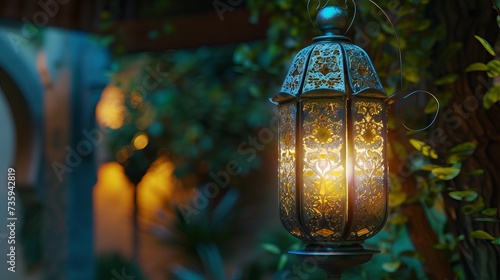 Fantasy style lantern with glowing stars and moon for Islamic Ramadan celebration on dark background