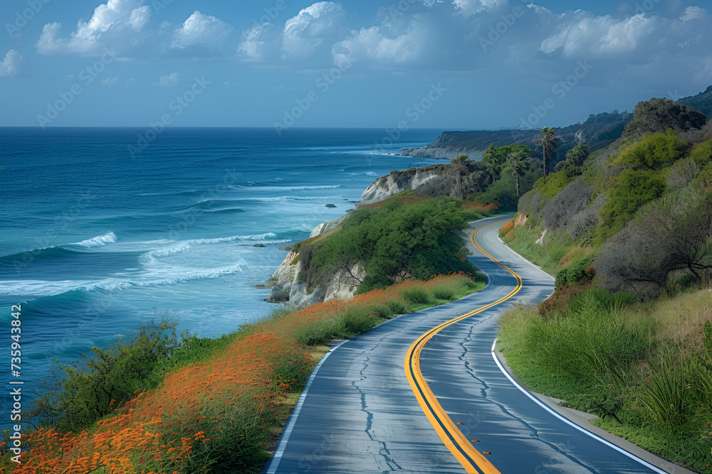 The beautiful empty road along the ocean. Nature landscape