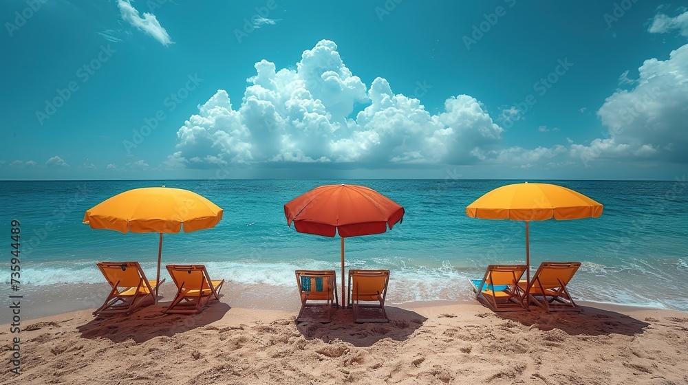 Three beach umbrellas and matching chairs against a tranquil sea, capturing the essence of leisure and tropical relaxation, ideal for travel and holiday designs, with a clear sky for text.