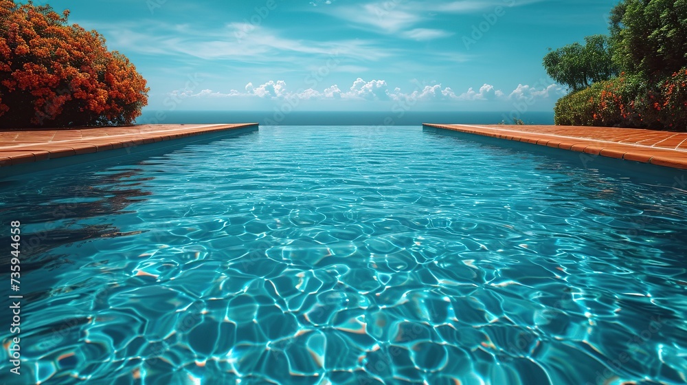 Serene infinity pool bordered by vibrant flora overlooks the ocean, perfect for luxury travel themes or serene summer backgrounds, with a harmonious blend of nature and design inviting text placement - obrazy, fototapety, plakaty 