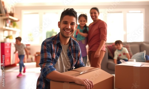 Cheerful multiracial family unkpacking cardboxes after relocation to their new house as real estate sale concept with handsome smiling man at foreground