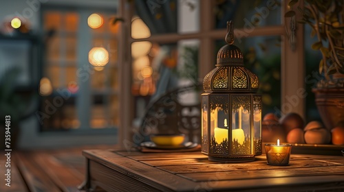 Traditional Islamic lamp for Ramadan celebration on rustic wood background