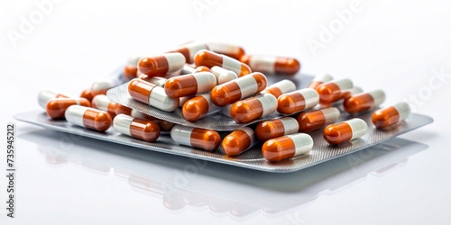 Fluconazole : Antifungal medicine. Heap of pills in blister packs on white background. Healthcare concept. Medicine pills can cause liver damage. Pharmaceutical industry background. photo