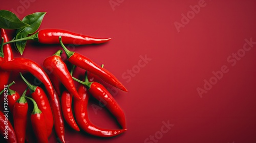 A cascade of glossy red chili peppers on a matching red background, highlighting culinary heat and vibrancy. Ideal for use in cooking publications or spice product advertising.