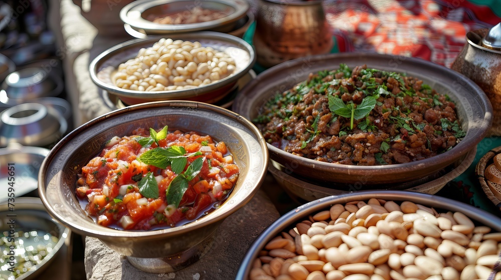 Delicious Arabic cuisine with salsa and mint leaves on a wooden table during Ramadan