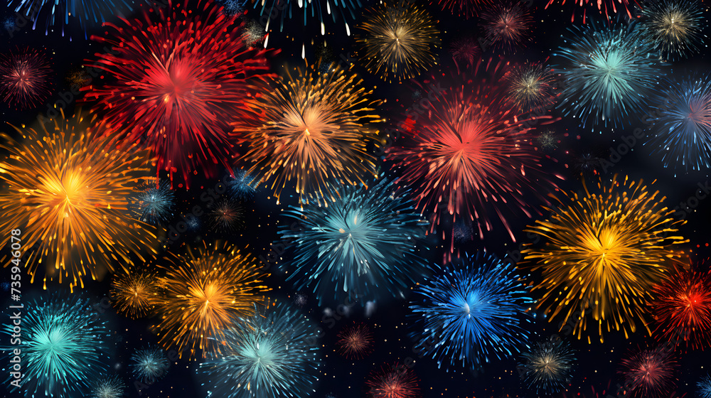 New Year's Christmas pattern fireworks Background w,,
colorful fireworks on black background for festive celebration and decorative poster banner and greeting card design element . generative AI Pro 
