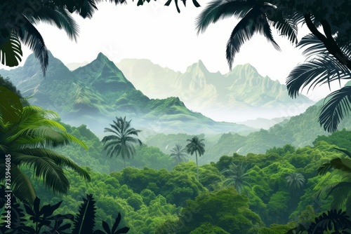 Majestic Dawn: Enchanting Tropical Rainforest with Misty Mountains, generative ai