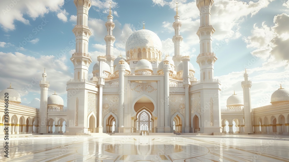 Beautiful Islamic mosque with ornate details and crescent moon in the sky during Ramadan - vector illustration - obrazy, fototapety, plakaty 
