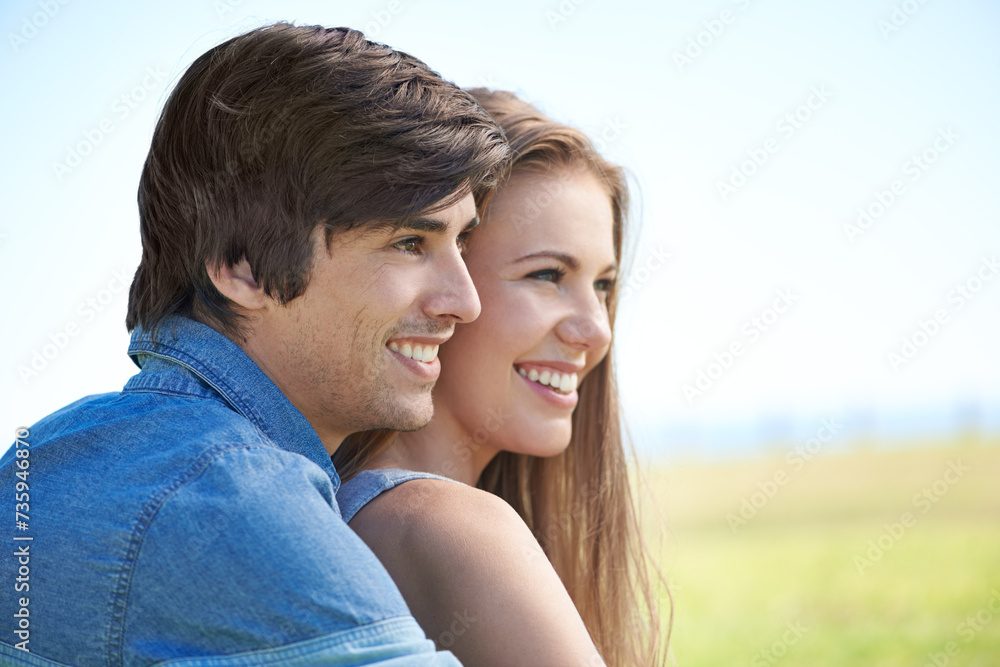 Fototapeta premium Couple, smile and hugging in nature, love and care in relationship on outdoor date. Happy people, embrace and relax on holiday or vacation, bonding and romance on adventure and travel for getaway