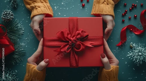 Empty red luxury box with ribbon opened by female hands. Mockup present gift box on light blue background. Top view.