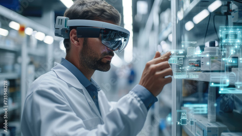 Facility Manager using AR-glasses and AR-technology to fix a machine in a pharma company. Generative AI.