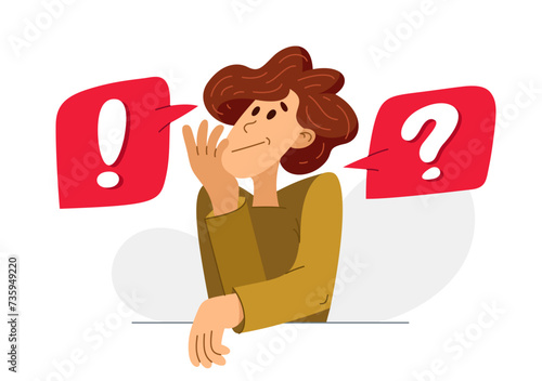 Young man having a doubt and question, vector illustration of a person who is hesitating and thinking about some problem, decide uncertainty.