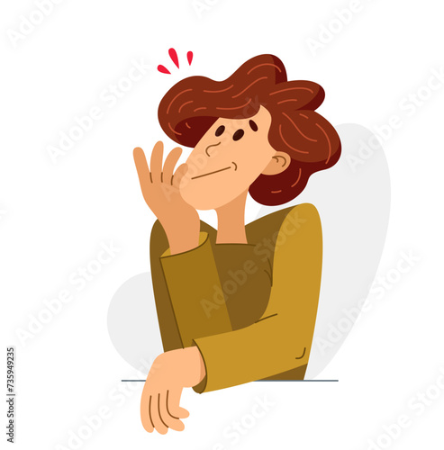 Young man thinking and solving some problem, vector illustration of a guy having doubts and ideas, analyzing or dreaming.