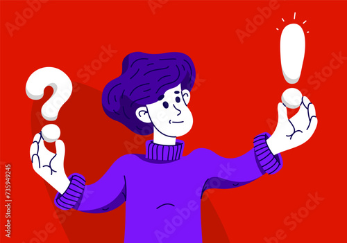 Young man having a doubt and question, vector illustration of a person who is hesitating and thinking about some problem, decide uncertainty.