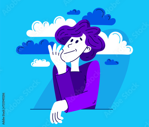 Young man thinking and solving some problem, vector illustration of a guy having doubts and ideas, analyzing or dreaming.