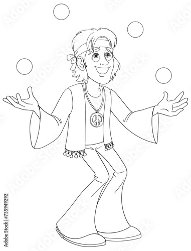 Cartoon hippie juggling balls with a smile.