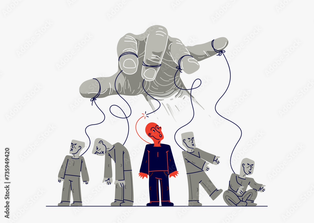 Φωτογραφία Hand of a toxic manipulator controls his victims and one person has freed from control, social manipulations and independence, vector illustration of psychological manipulation
