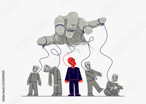 Hand of a toxic manipulator controls his victims and one person has freed from control, social manipulations and independence, vector illustration of psychological manipulation.