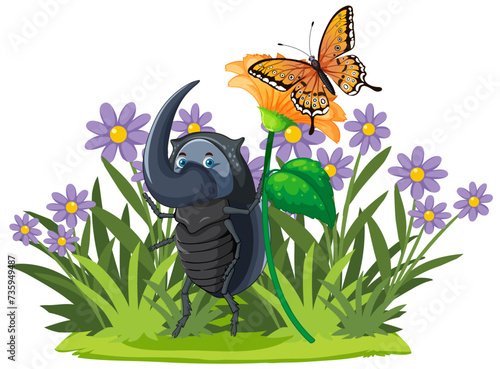 Cartoon beetle and butterfly among purple flowers
