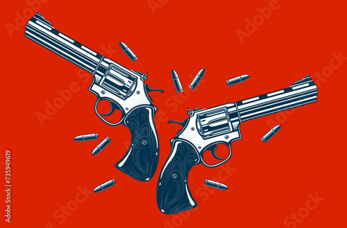 Detailed revolvers shotguns and bullets vector illustration in a classic graphic design style, two beautiful gun drawing over red background.