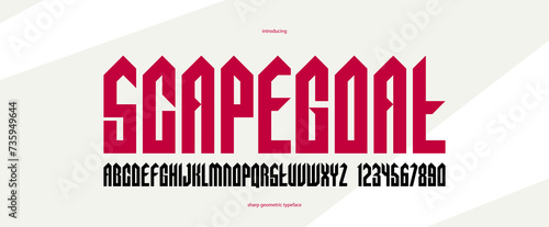 Sharp and bold gothic font for logo creation of for headlines, edgy geometric modern vector typeface, heavy metal and hard rock style alphabet with numbers.