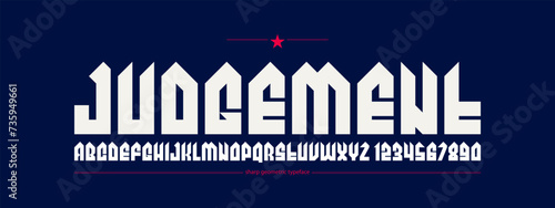 Sharp and bold vector display font for logo, gothic or heavy metal style modern typeface, edgy hard rock letters and numbers alphabet for titles or slogans, heavy typography.