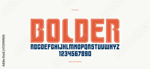 Bold simple sans serif display font for logos headers or slogans, vector thick and heavy geometric typeface, uppercase letters alphabet with numbers, poster and advertising.