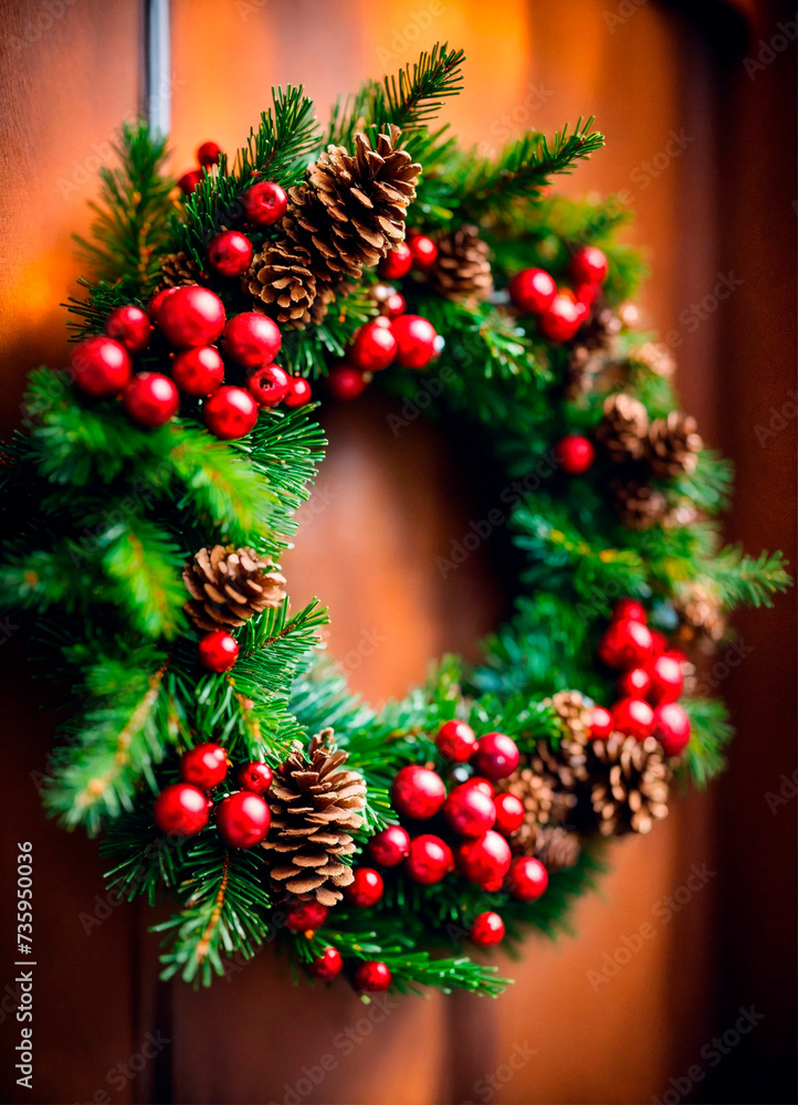 beautiful Christmas wreath on the door. Selective focus. beautiful Christmas wreath on the door. Selective focus.