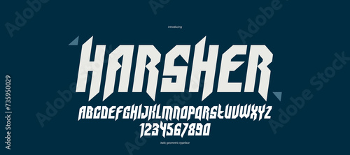 Sharp and bold gothic font for logo creation of for headlines, edgy geometric modern vector typeface, heavy metal and hard rock style alphabet with numbers, italic version.