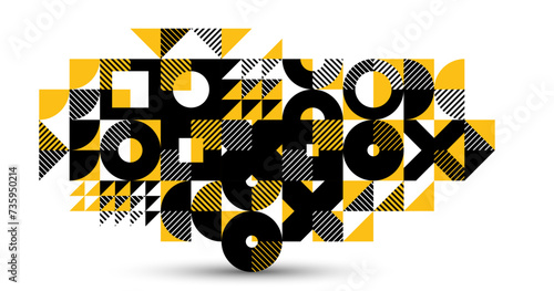 Abstract geometric vector background, modular tiling stripy art with circles and other shapes, retro style artistic motif isolated.
