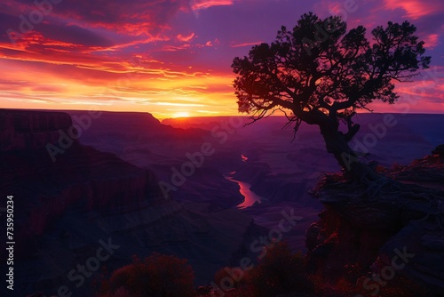  vibrant sunrise or sunset painting the sky with hues of orange, pink, and purple, with silhouetted landscapes
