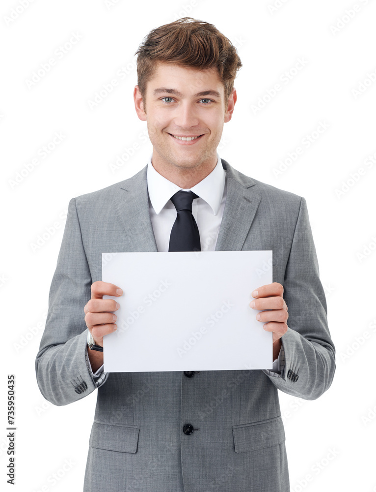 Businessman, studio and portrait with billboard sign or marketing placard for company brand by white background. Entrepreneur, face and happy by banner for advertisement and poster mockup for message Businessman, studio and portrait with billboard sign or marketing placard for company brand by white background. Entrepreneur, face and happy by banner for advertisement and poster mockup for message