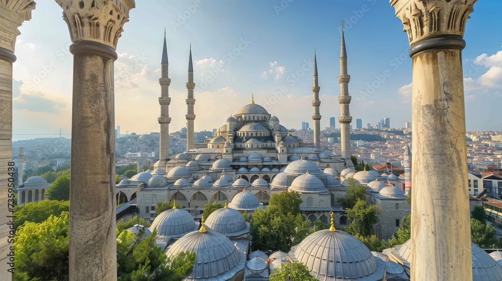 Istanbul skyline with Bosphorus bridge and blue mosque. Scenic view of Turkish capital city. Travel and tourism concept. - obrazy, fototapety, plakaty 