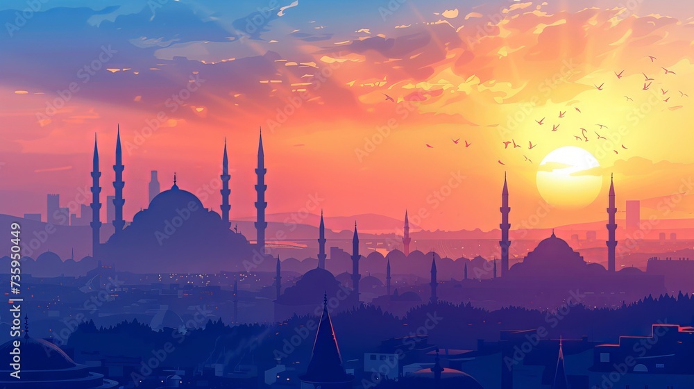 Istanbul skyline with Bosphorus bridge and blue mosque. Scenic view of Turkish capital city. Travel and tourism concept.