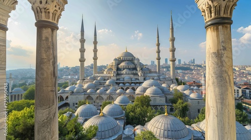Istanbul skyline with Bosphorus bridge and blue mosque. Scenic view of Turkish capital city. Travel and tourism concept. photo