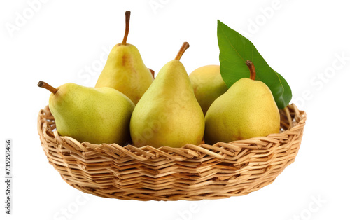 Wicker Basket Filled With Pears. A wicker basket filled with ripe pears placed on a simple Transparent background.