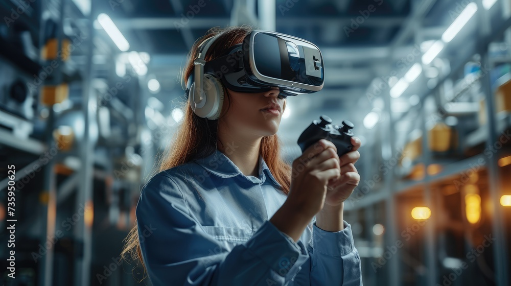 Female Industrial Engineer Wearing Virtual Reality Headset and Holding Controllers, She Uses VR technology for Industrial Design, Development and Prototyping in CAD Software. Generative AI.