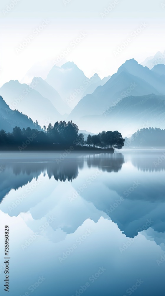 calming rhythms, serene blue mountainscape mirrored perfectly in a tranquil lake, misty blue mountains reflected in calm waters, peaceful reflections