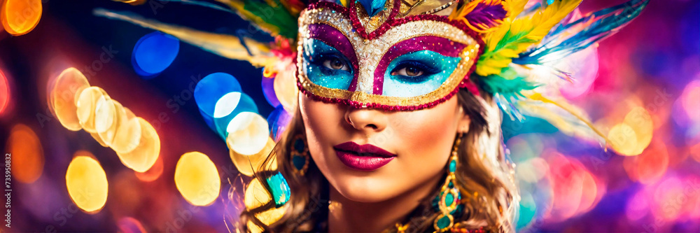 portrait of a woman in a mask at the Brazilian carnival. Selective focus. portrait of a woman in a mask at the Brazilian carnival. Selective focus.