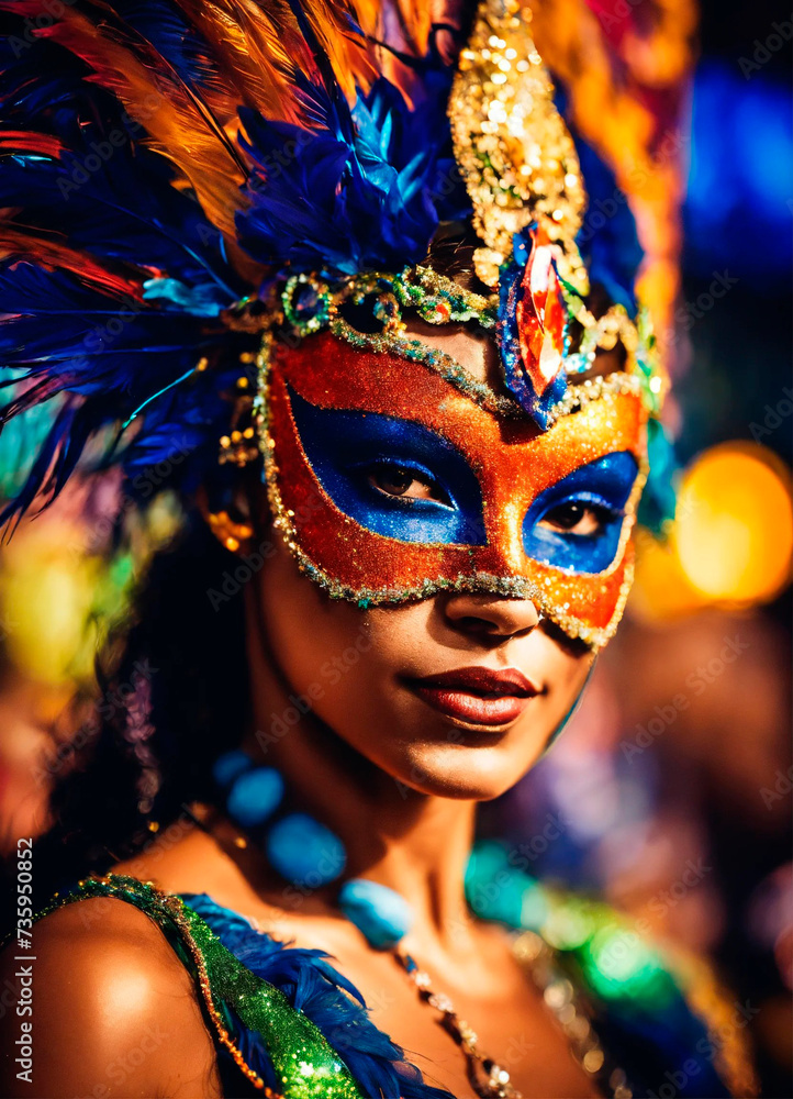 portrait of a woman in a mask at the Brazilian carnival. Selective focus.