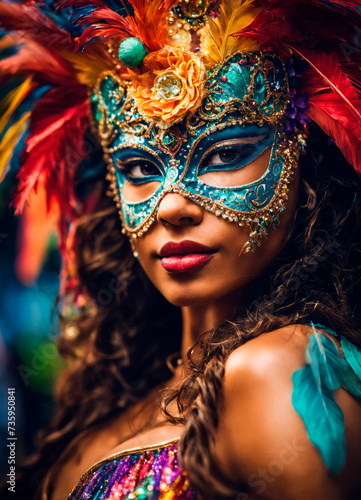portrait of a woman in a mask at the Brazilian carnival. Selective focus. © yanadjan
