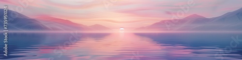 calming rhythms  surreal sunset over serene waters with majestic mountain silhouettes  tranquil dusk calm lake colors reflecting  ethereal landscape pink sky