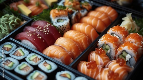 A Japanese bento box filled with an assortment of sushi, sashimi and other delicious bites. Generative AI.