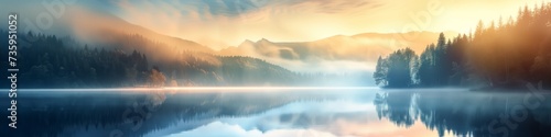 calming rhythms, golden sunrise over misty lake with forest and mountain reflections, serene morning 