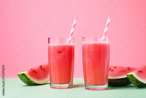 Delicious close-up fresh watermelon juice or smoothie in glasses with watermelon pieces on pink background. Refreshing summer drink