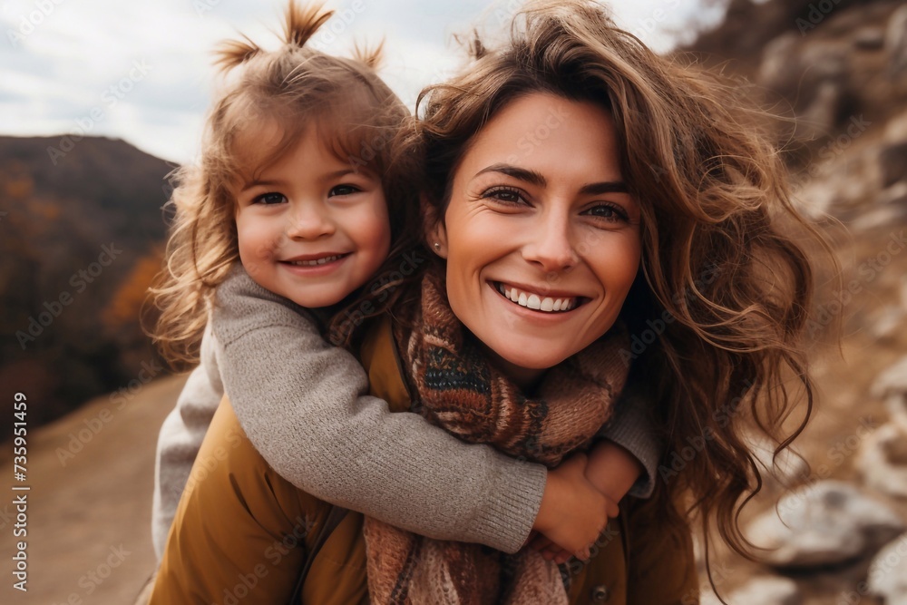Fototapeta premium Family time. Cute young daughter on a piggy back ride with her mother
